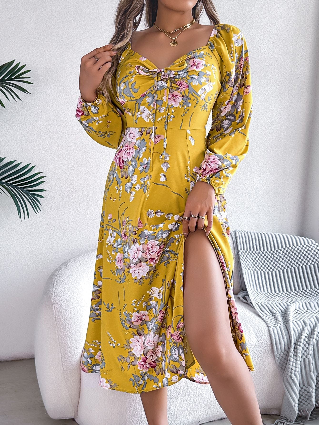 Tie - knot Flower Long Sleeve Split Dress - Negative Apparel