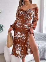 Tie - knot Flower Long Sleeve Split Dress - Negative Apparel