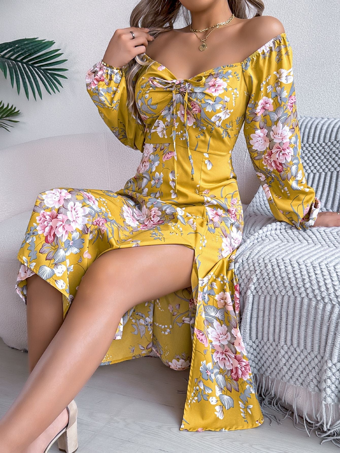 Tie - knot Flower Long Sleeve Split Dress - Negative Apparel