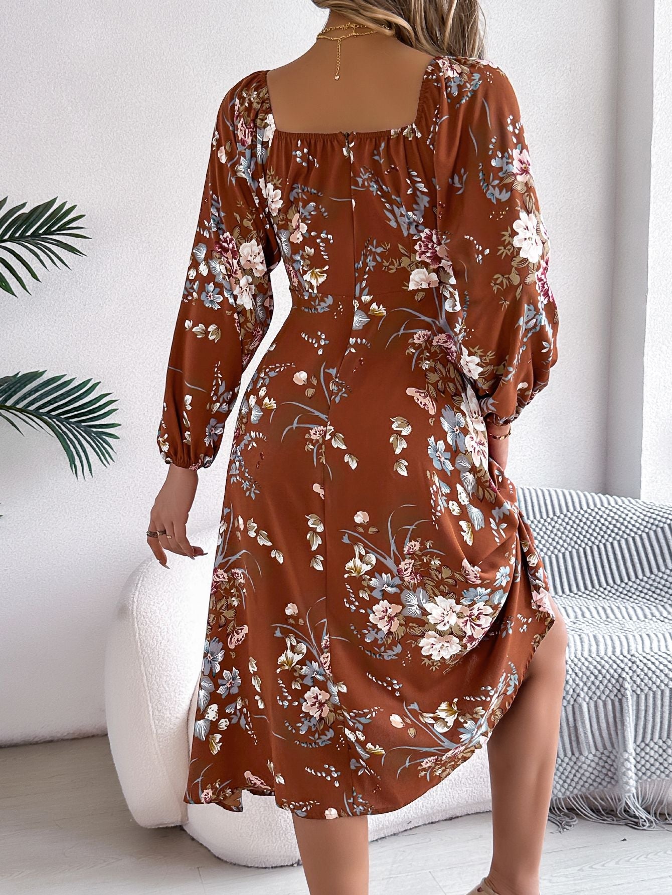 Tie - knot Flower Long Sleeve Split Dress - Negative Apparel