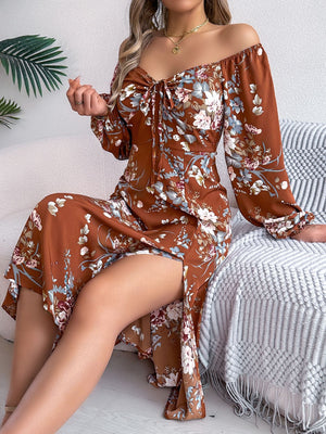 Tie - knot Flower Long Sleeve Split Dress - Negative Apparel