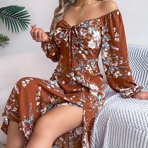 Tie - knot Flower Long Sleeve Split Dress - Negative Apparel