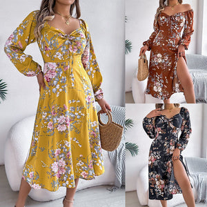 Tie - knot Flower Long Sleeve Split Dress - Negative Apparel