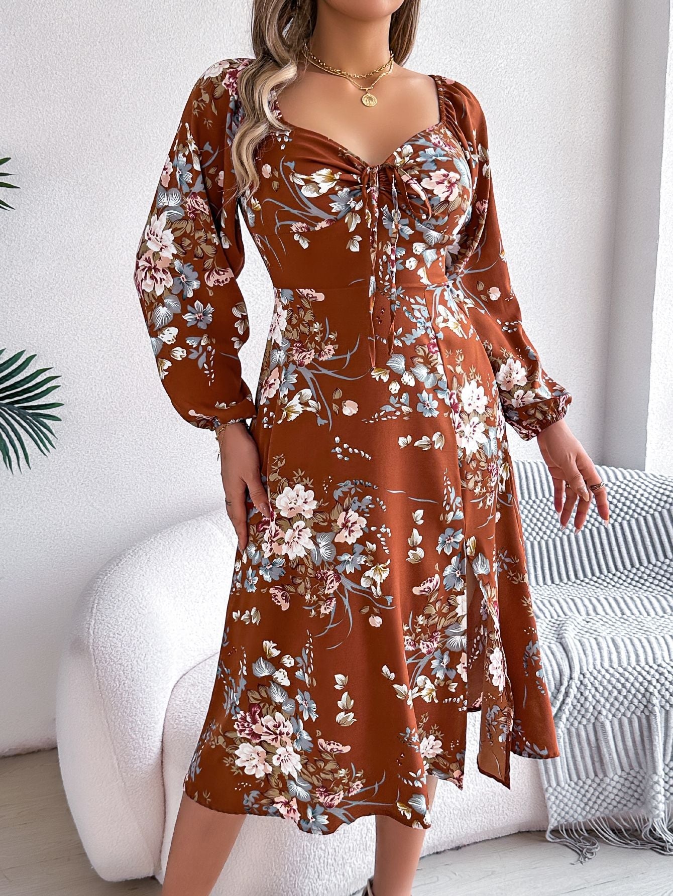 Tie - knot Flower Long Sleeve Split Dress - Negative Apparel