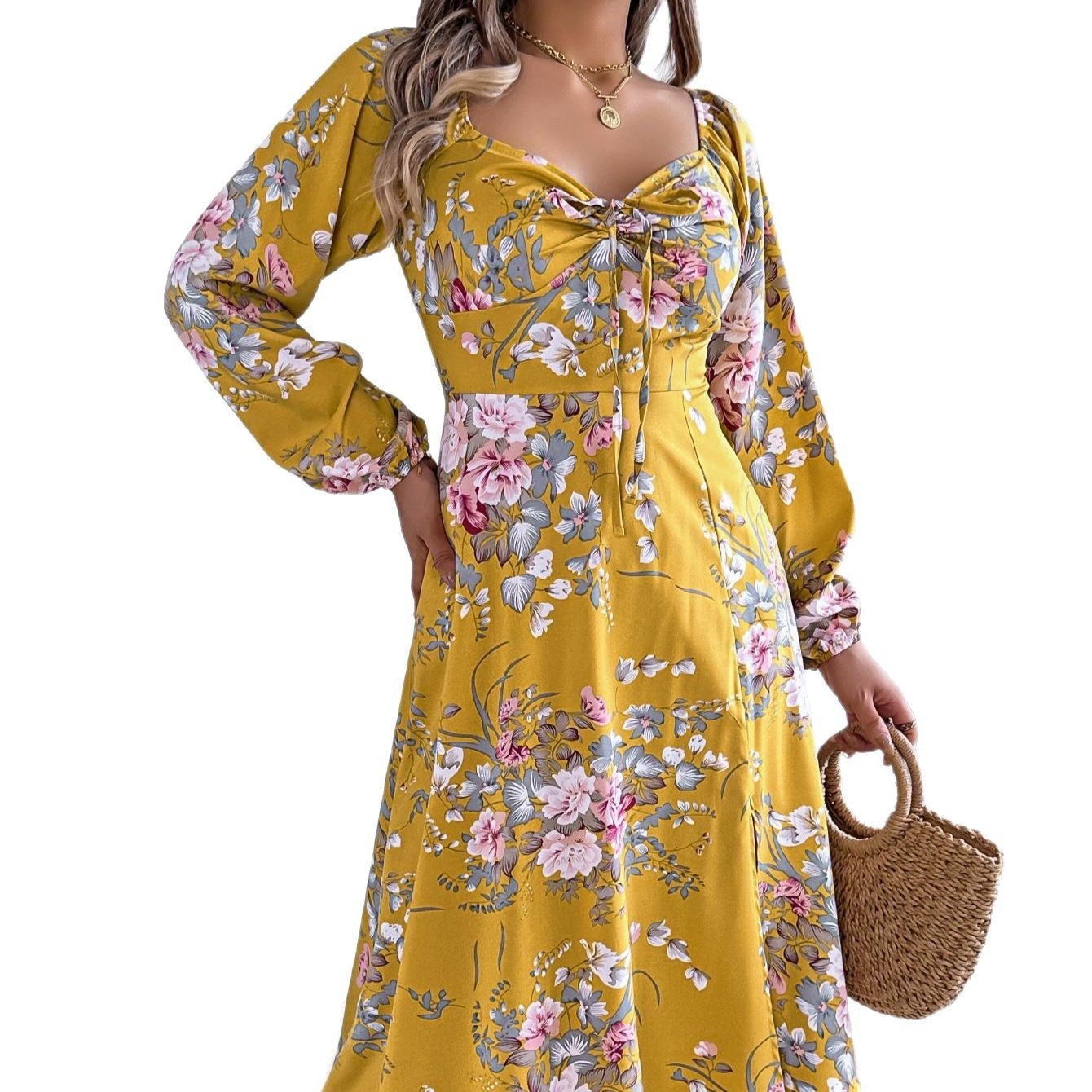 Tie - knot Flower Long Sleeve Split Dress - Negative Apparel