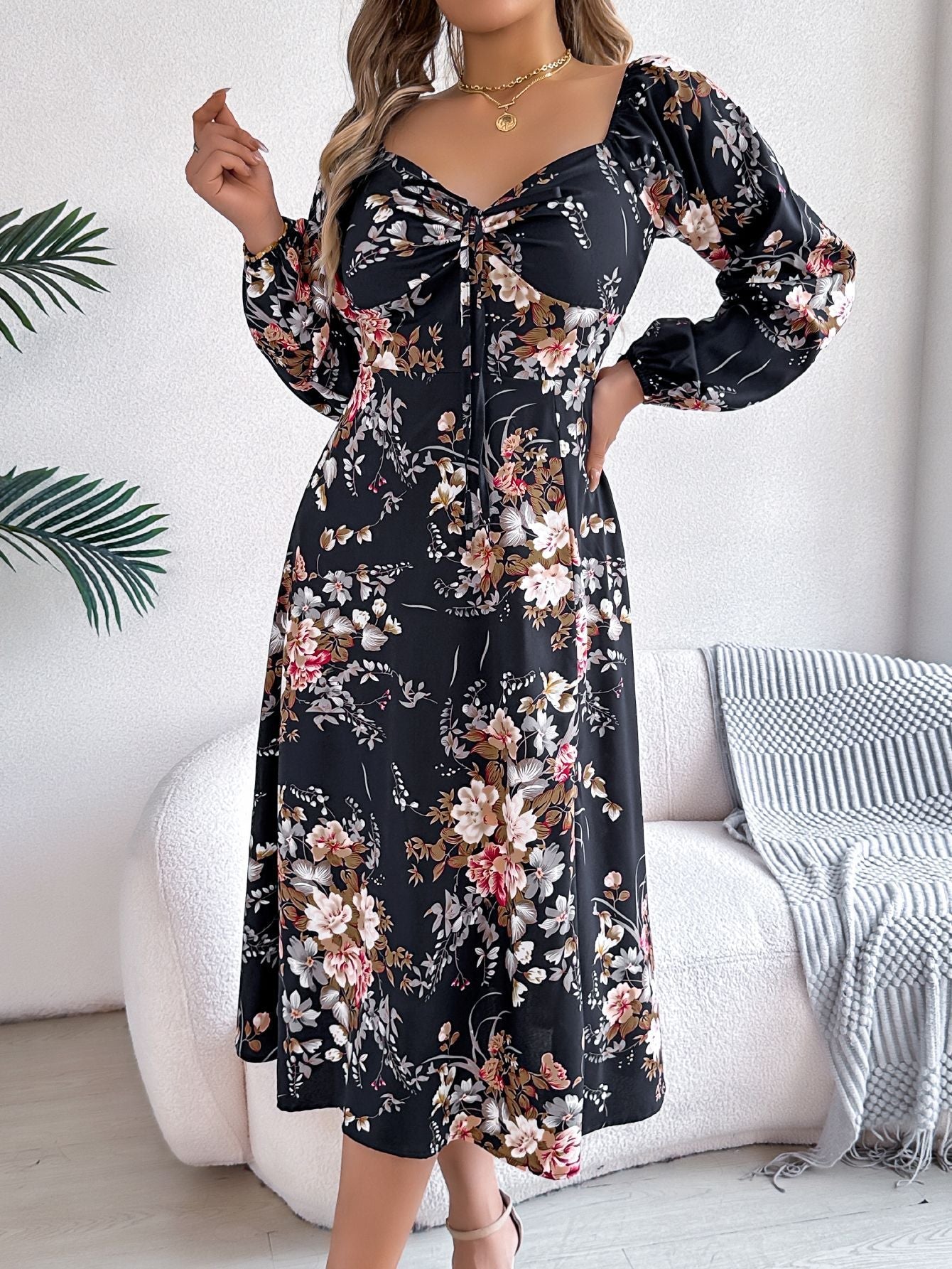 Tie - knot Flower Long Sleeve Split Dress - Negative Apparel