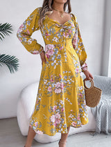 Tie - knot Flower Long Sleeve Split Dress - Negative Apparel