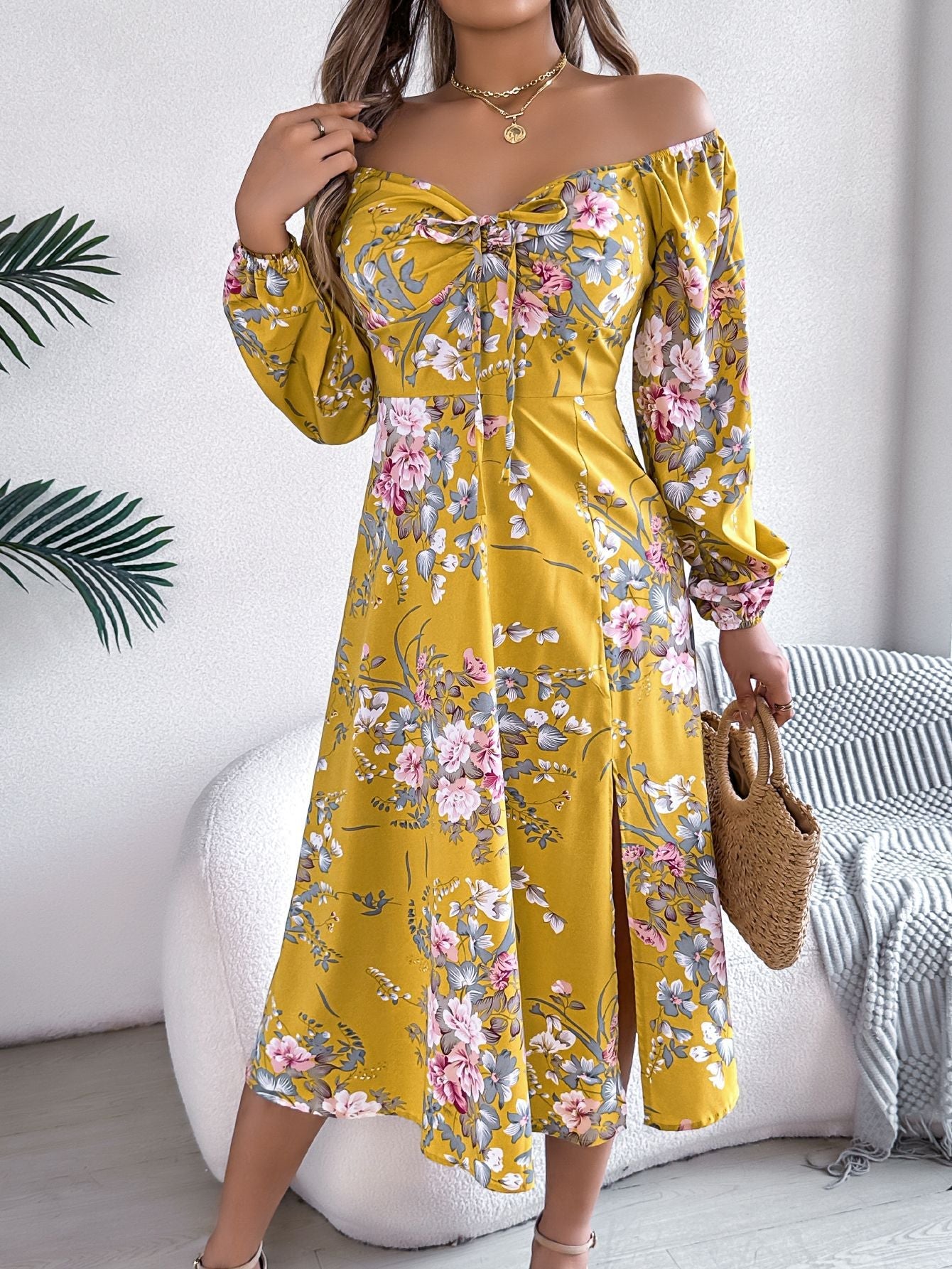 Tie - knot Flower Long Sleeve Split Dress - Negative Apparel