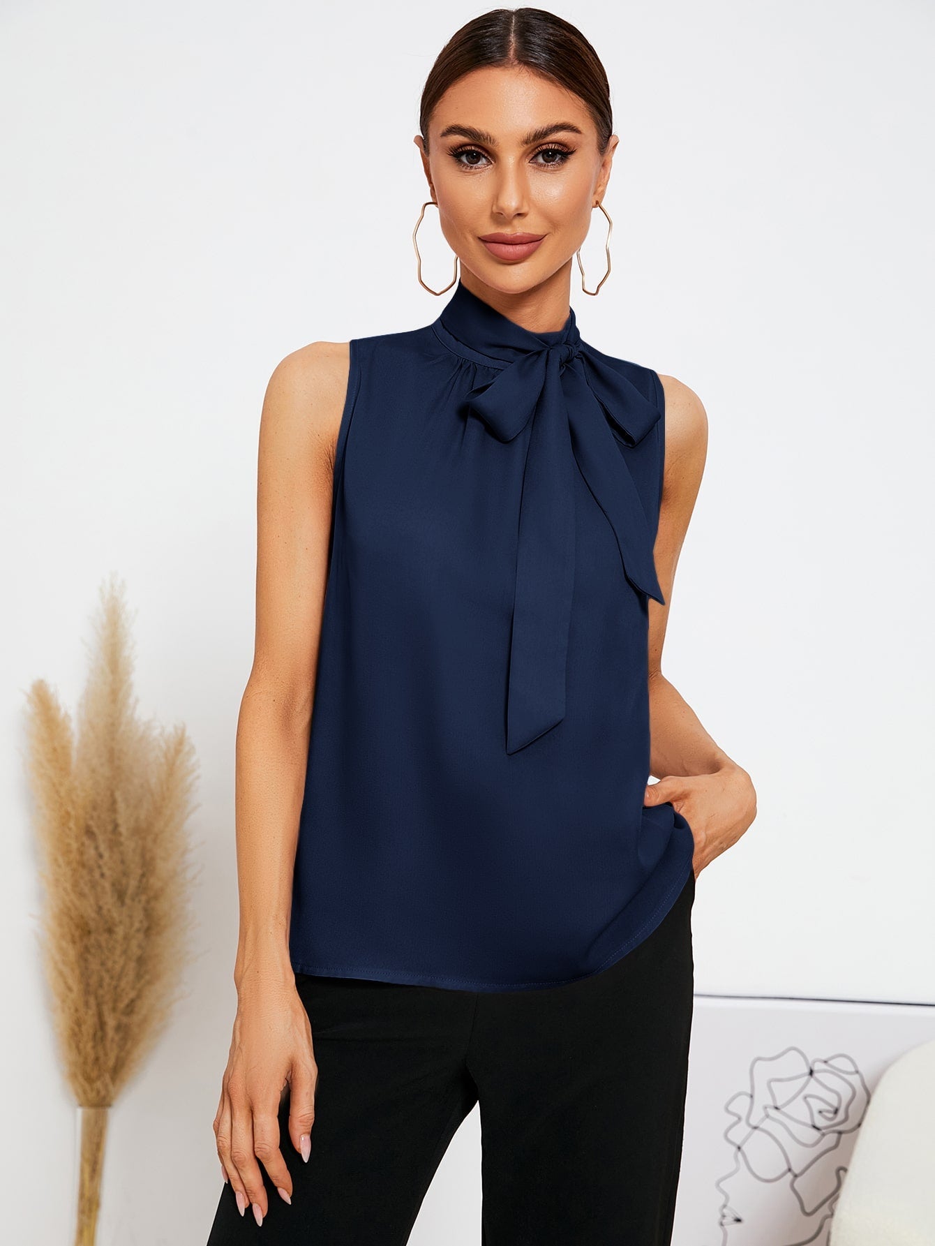 Tie Neck Sleeveless Blouse,Sleeveless Tops - Negative Apparel