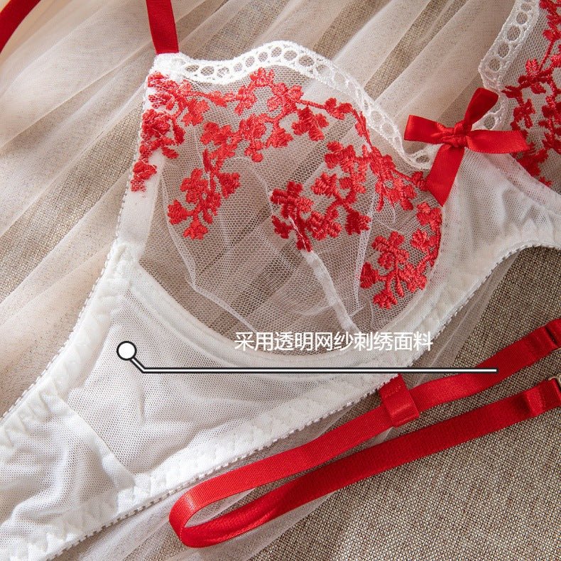 Transparent embroidered bra steel ring bow decoration bra set - Negative Apparel