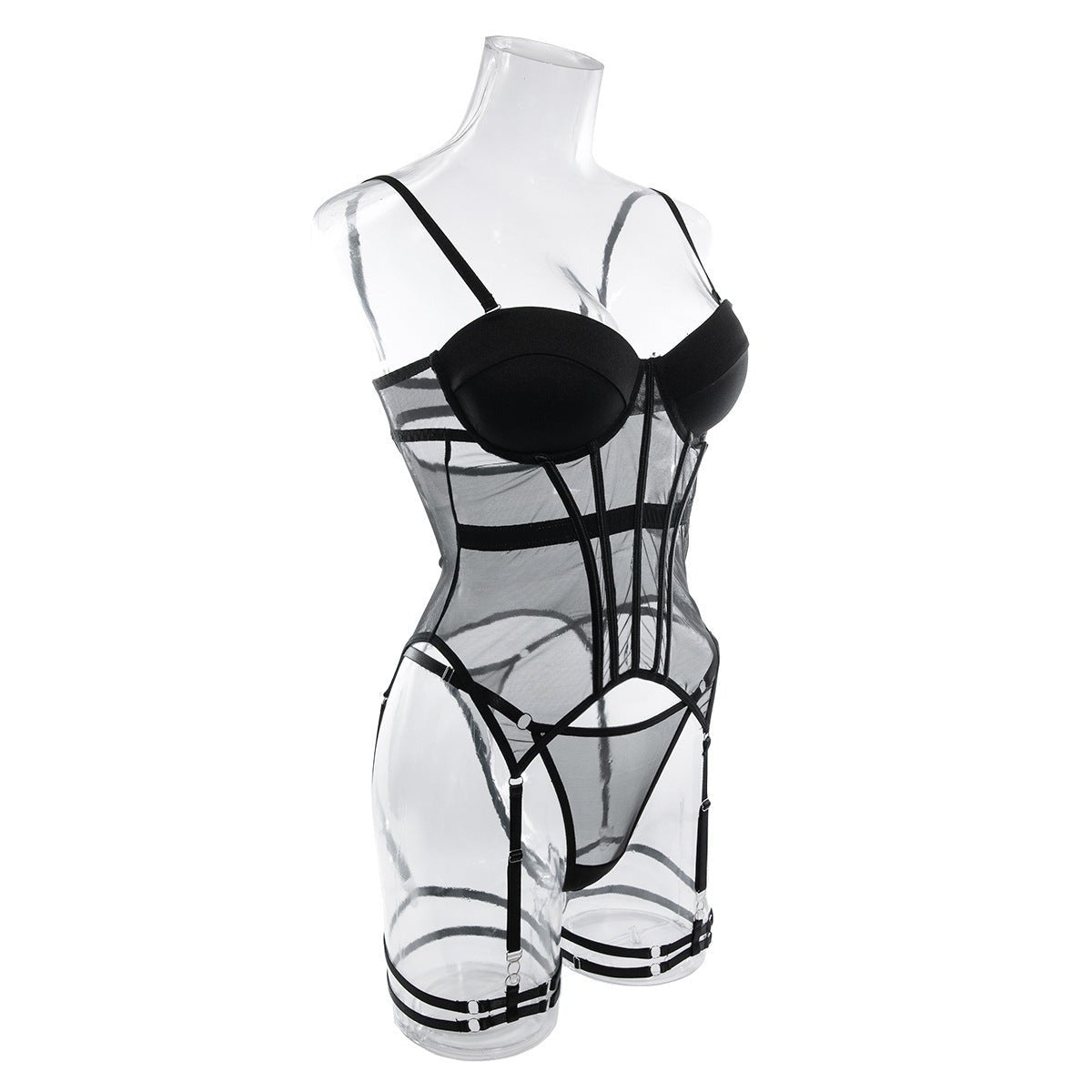 Transparent mesh splicing chest cotton gathered jumpsuit underwear panty set - Negative Apparel