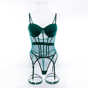 Transparent mesh splicing chest cotton gathered jumpsuit underwear panty set - Negative Apparel