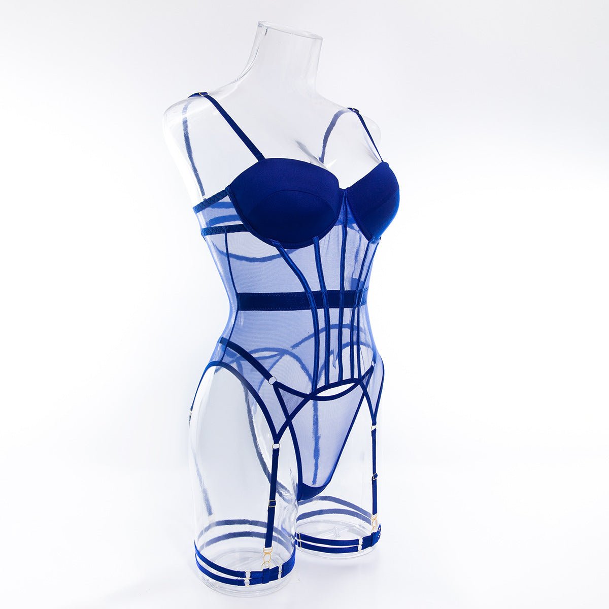 Transparent mesh splicing chest cotton gathered jumpsuit underwear panty set - Negative Apparel