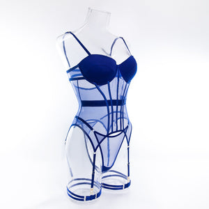 Transparent mesh splicing chest cotton gathered jumpsuit underwear panty set - Negative Apparel