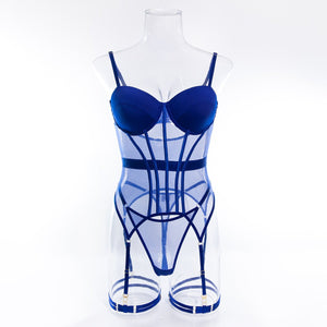 Transparent mesh splicing chest cotton gathered jumpsuit underwear panty set - Negative Apparel