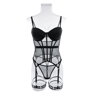 Transparent mesh splicing chest cotton gathered jumpsuit underwear panty set - Negative Apparel