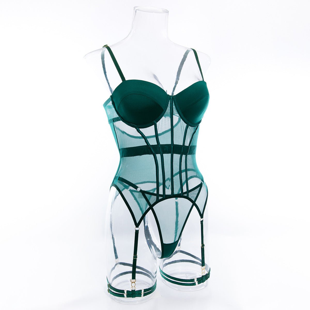 Transparent mesh splicing chest cotton gathered jumpsuit underwear panty set - Negative Apparel