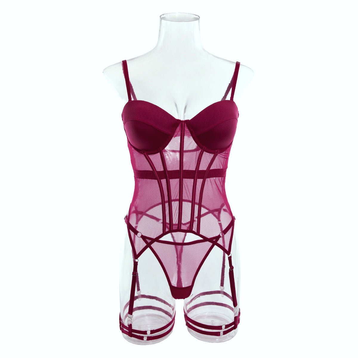 Transparent mesh splicing chest cotton gathered jumpsuit underwear panty set - Negative Apparel