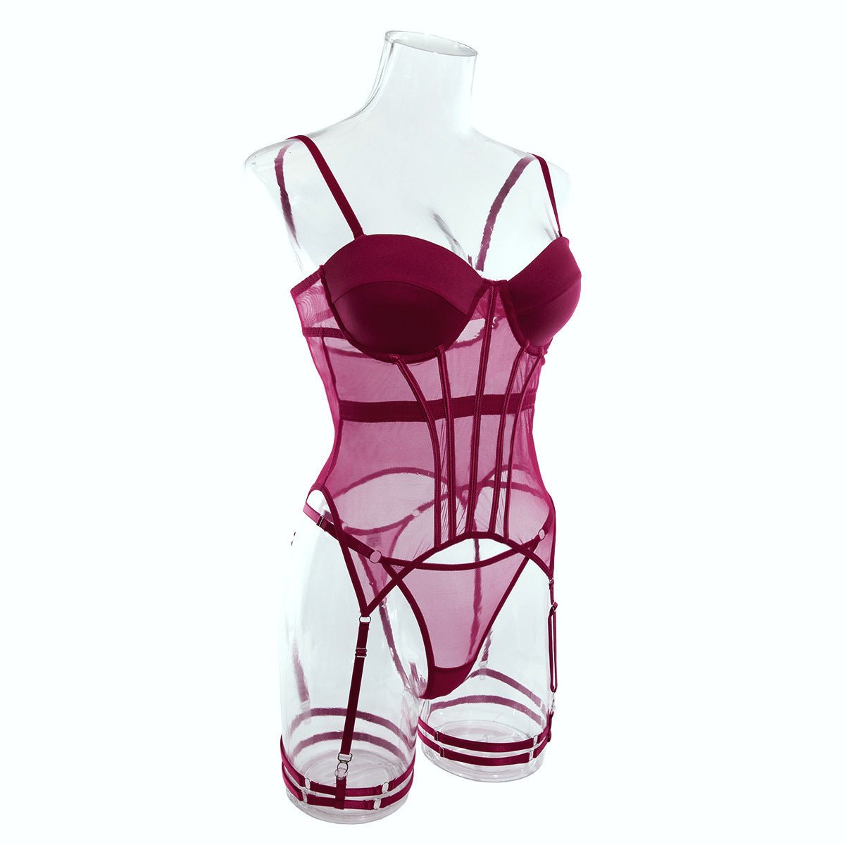 Transparent mesh splicing chest cotton gathered jumpsuit underwear panty set - Negative Apparel