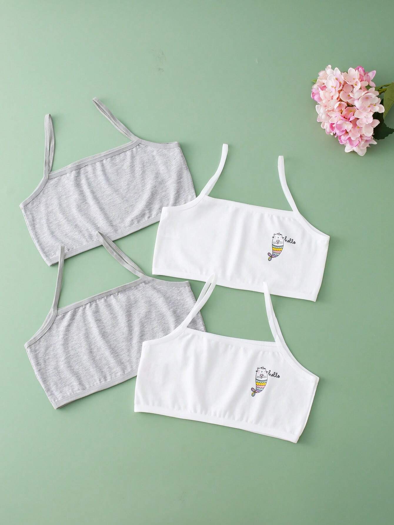 Tween Girl 4Pcs Cartoon Graphic Bralette Cute Tops - Negative Apparel