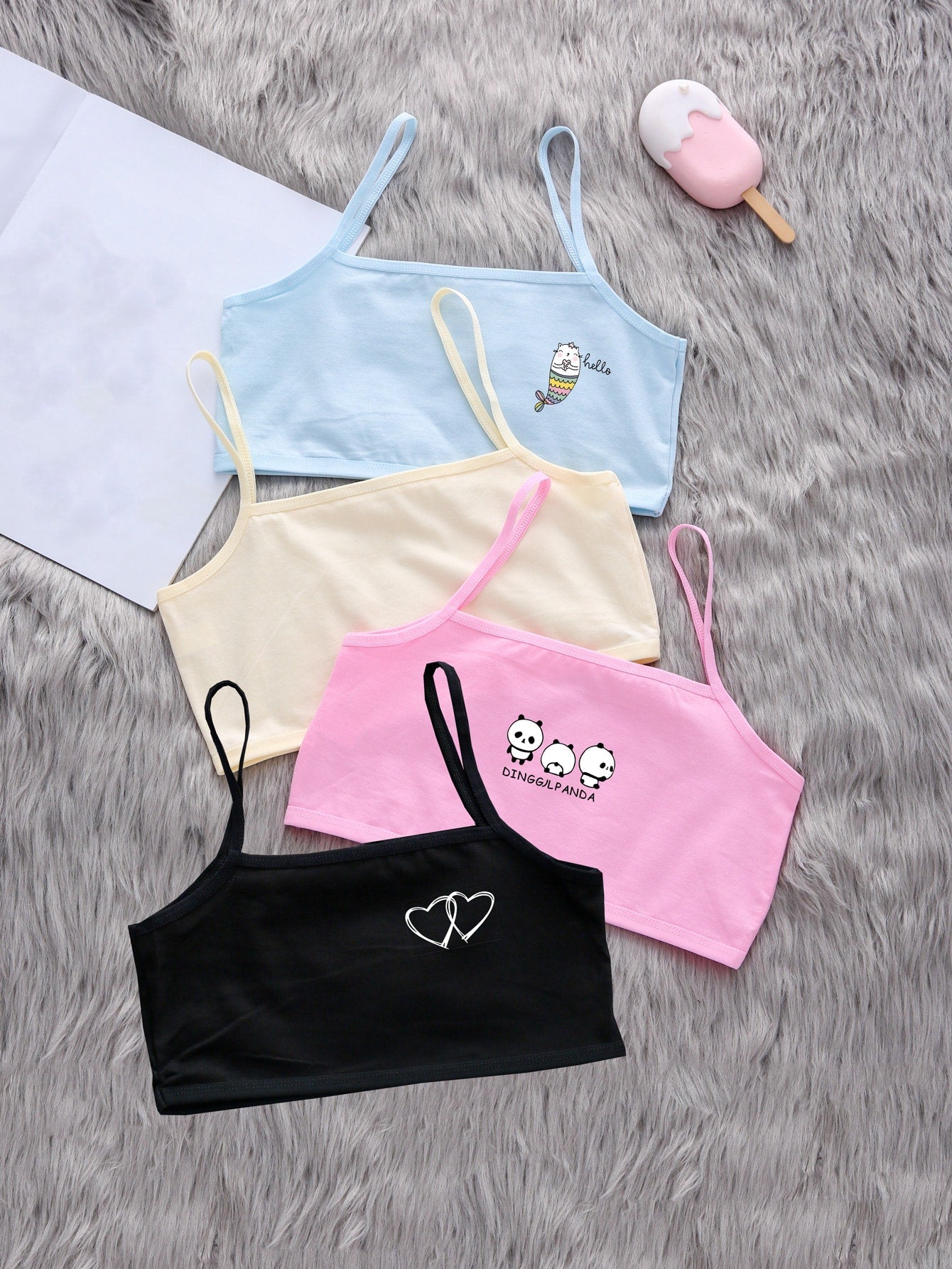 Tween Girl 4Pcs Cartoon Graphic Bralette Cute Tops - Negative Apparel