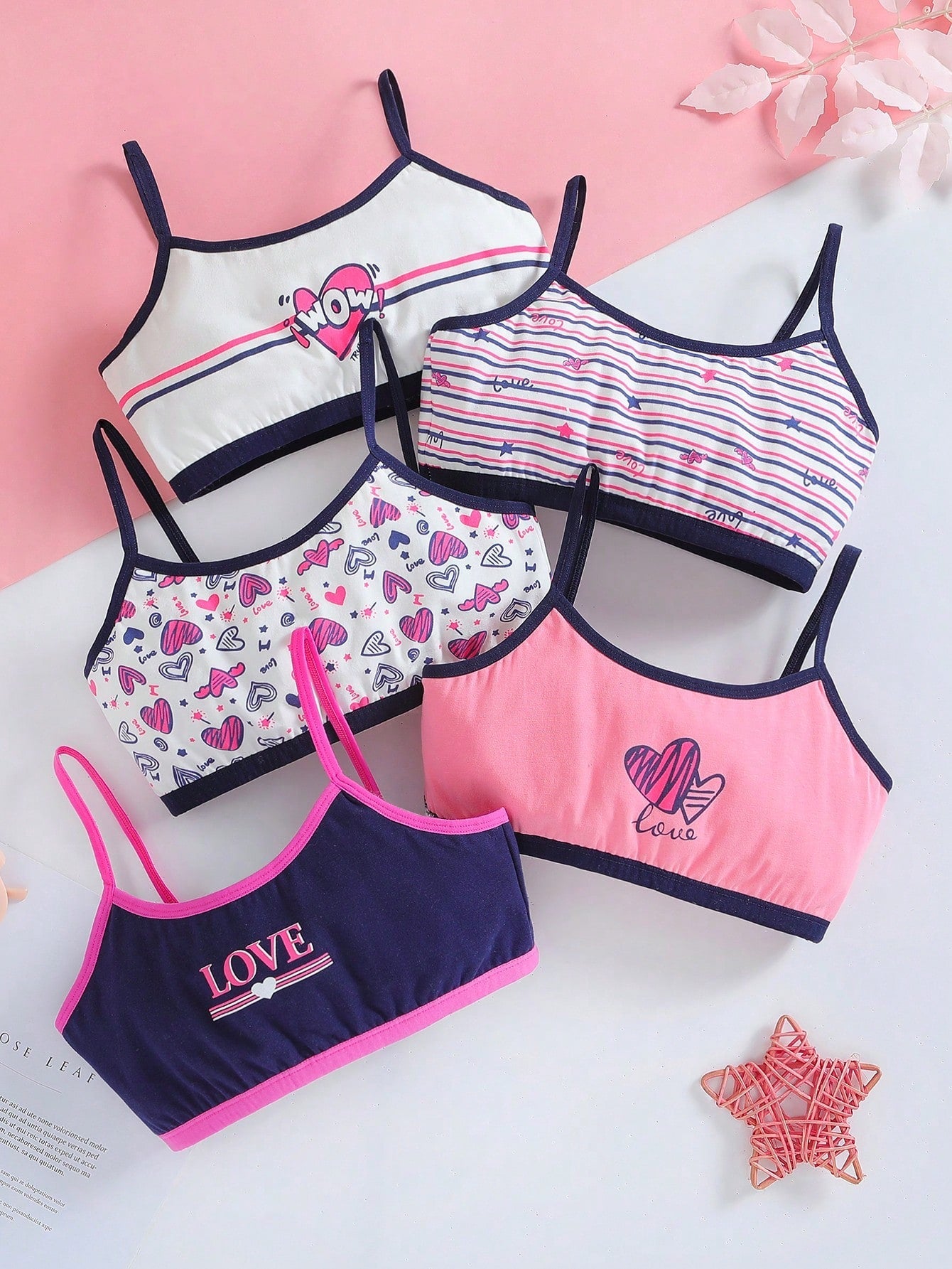 Tween Girl 5pcs Striped & Heart Print Contrast Binding Bra - Negative Apparel