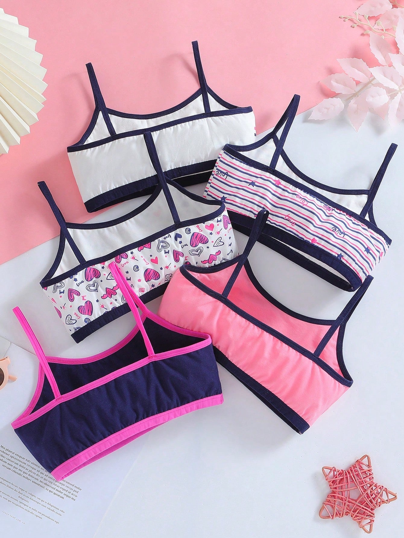 Tween Girl 5pcs Striped & Heart Print Contrast Binding Bra - Negative Apparel