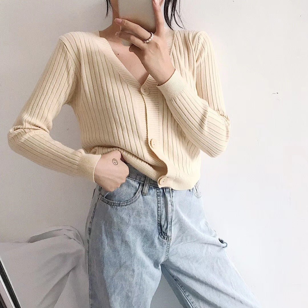 Two hairs thickened autumn and winter wear short loose V - neck sweater women's jacket knitted cardigan top - Negative Apparel