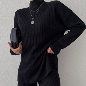 Two - piece suits casual slim half - high collar long - sleeved solid color knitted suits - Negative Apparel