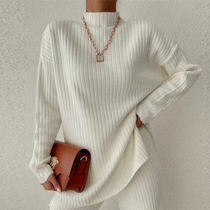 Two - piece suits casual slim half - high collar long - sleeved solid color knitted suits - Negative Apparel