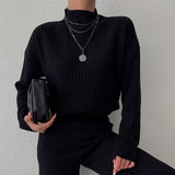 Two - piece suits casual slim half - high collar long - sleeved solid color knitted suits - Negative Apparel