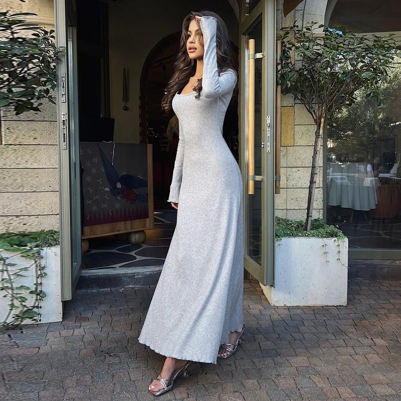 U - neck long sleeve solid color wood ear edge long dress - Negative Apparel