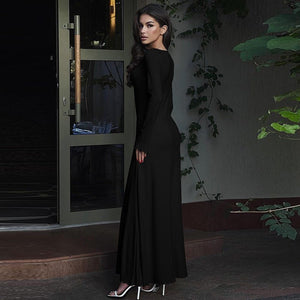 U - neck long sleeve solid color wood ear edge long dress - Negative Apparel