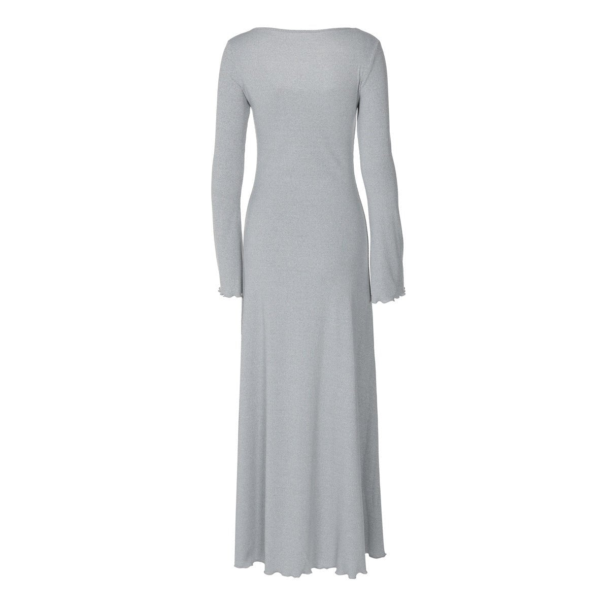 U - neck long sleeve solid color wood ear edge long dress - Negative Apparel