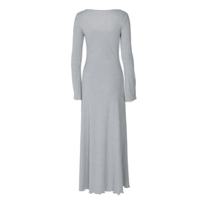 U - neck long sleeve solid color wood ear edge long dress - Negative Apparel
