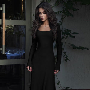 U - neck long sleeve solid color wood ear edge long dress - Negative Apparel