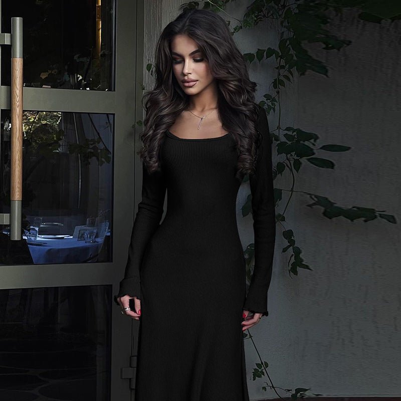 U - neck long sleeve solid color wood ear edge long dress - Negative Apparel
