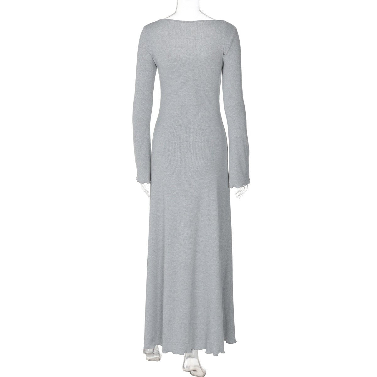 U - neck long sleeve solid color wood ear edge long dress - Negative Apparel