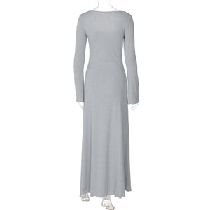 U - neck long sleeve solid color wood ear edge long dress - Negative Apparel