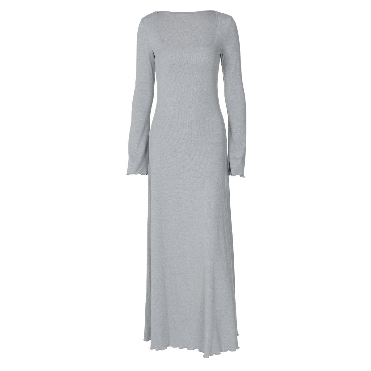 U - neck long sleeve solid color wood ear edge long dress - Negative Apparel