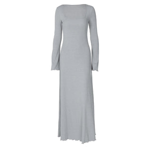 U - neck long sleeve solid color wood ear edge long dress - Negative Apparel
