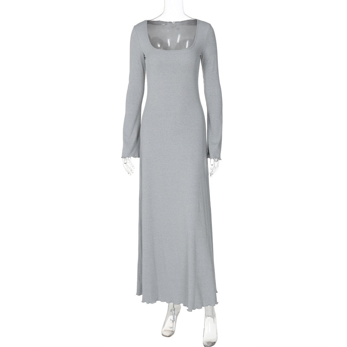 U - neck long sleeve solid color wood ear edge long dress - Negative Apparel