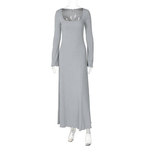 U - neck long sleeve solid color wood ear edge long dress - Negative Apparel