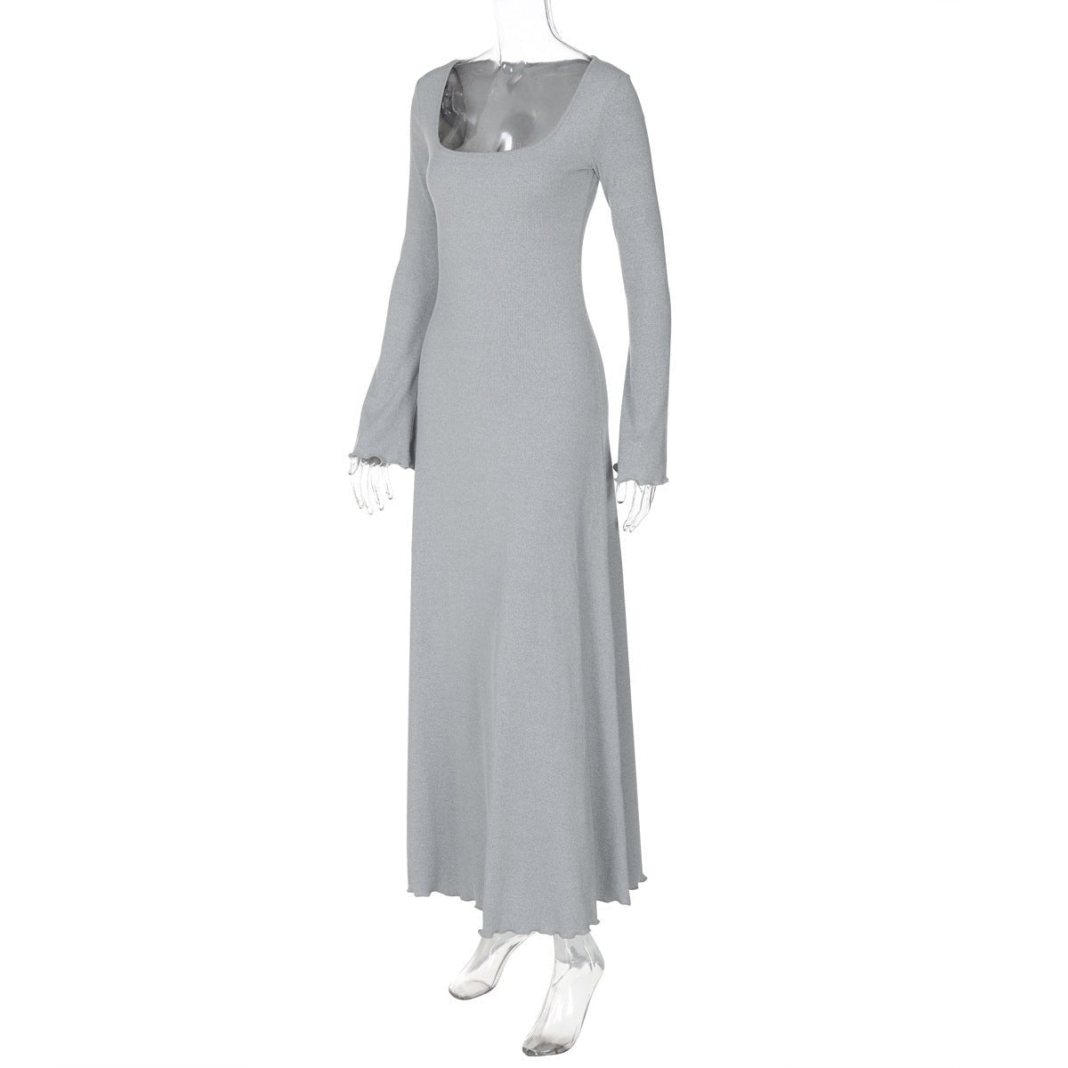 U - neck long sleeve solid color wood ear edge long dress - Negative Apparel