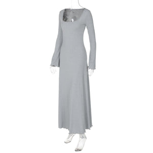 U - neck long sleeve solid color wood ear edge long dress - Negative Apparel