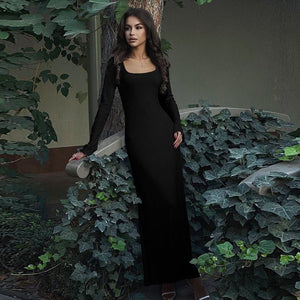 U - neck long sleeve solid color wood ear edge long dress - Negative Apparel