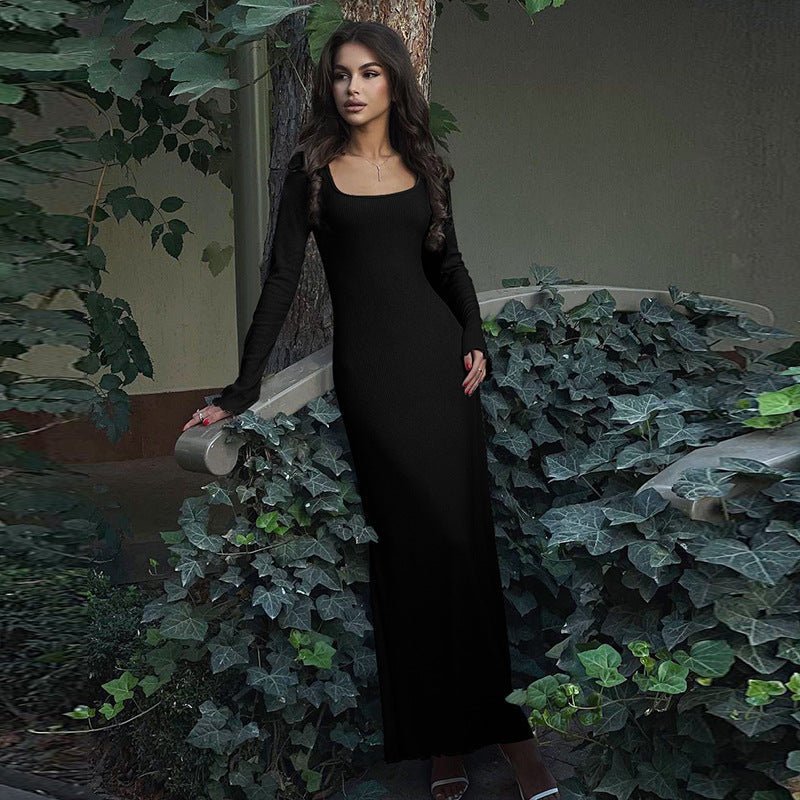 U - neck long sleeve solid color wood ear edge long dress - Negative Apparel