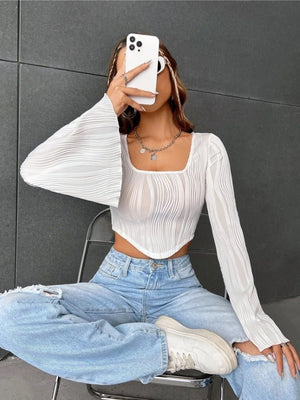 U - neck top water ripple slim crop top flared long - sleeved top - Negative Apparel