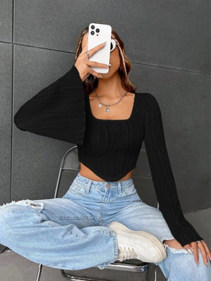 U - neck top water ripple slim crop top flared long - sleeved top - Negative Apparel