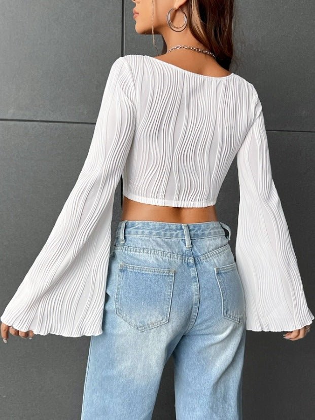 U - neck top water ripple slim crop top flared long - sleeved top - Negative Apparel